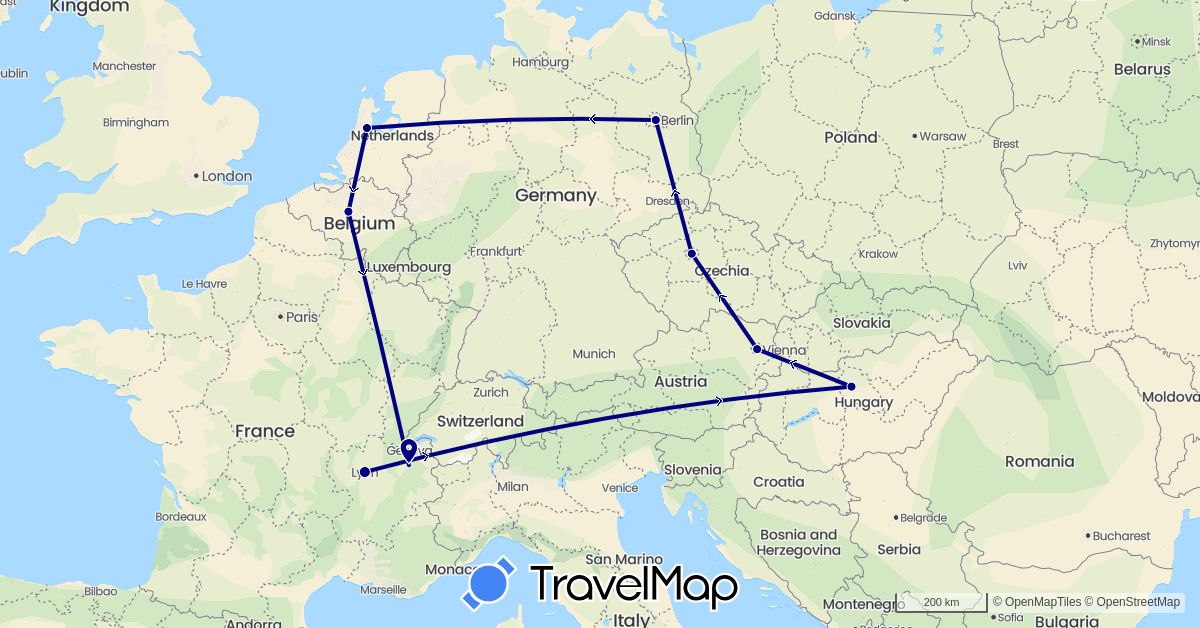 TravelMap itinerary: driving in Austria, Belgium, Czech Republic, Germany, France, Hungary, Netherlands (Europe)